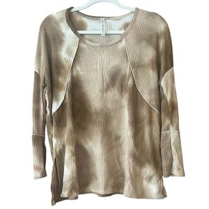 Forgotten Grace Tie Dyed Waffle Knit Long Sleeve Top Brown Tan and Cream Size S